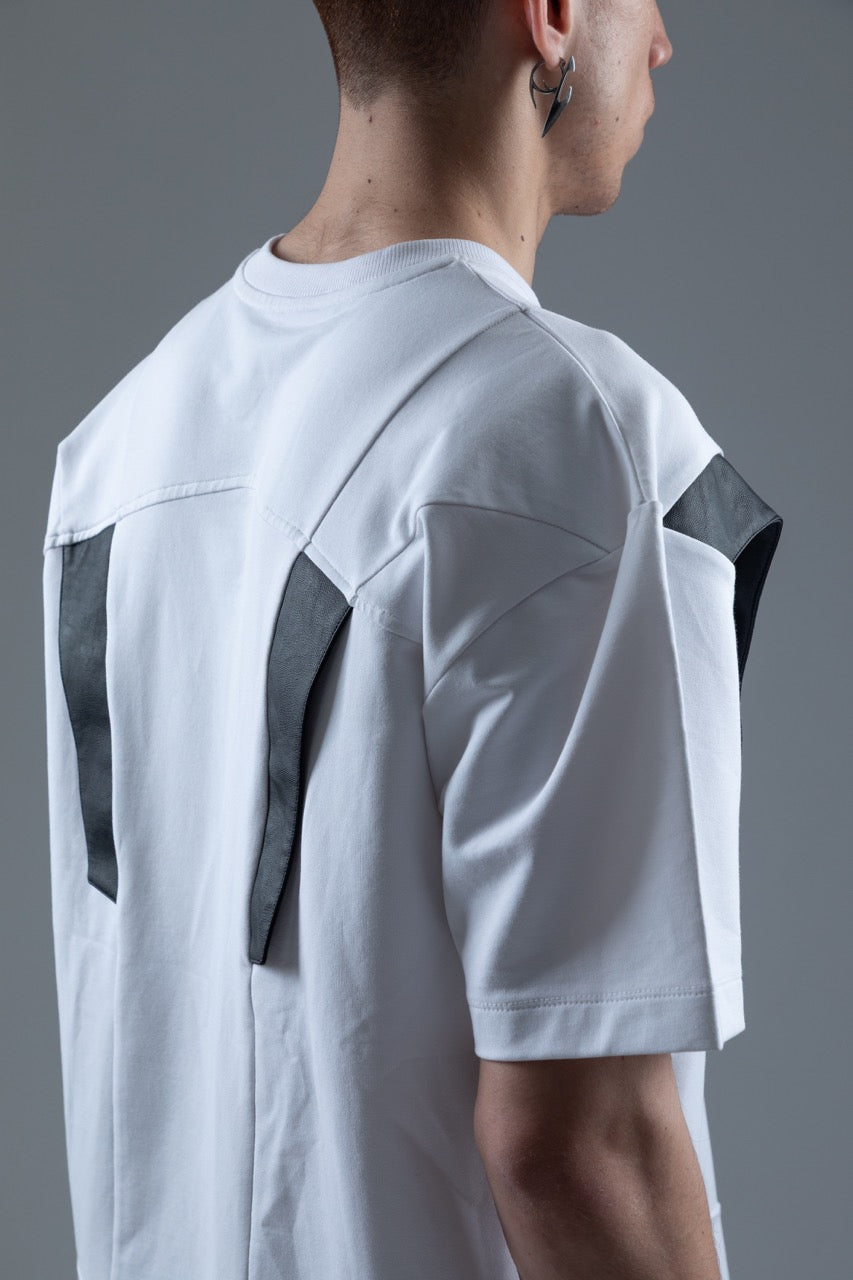 WHITE PANELLED TEE WITH LEATHER ACCENTS